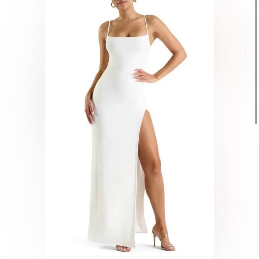 Naked Wardrobe Maxi Dress Womens XL White Square Neck Slit Bodycon Elegant Chic